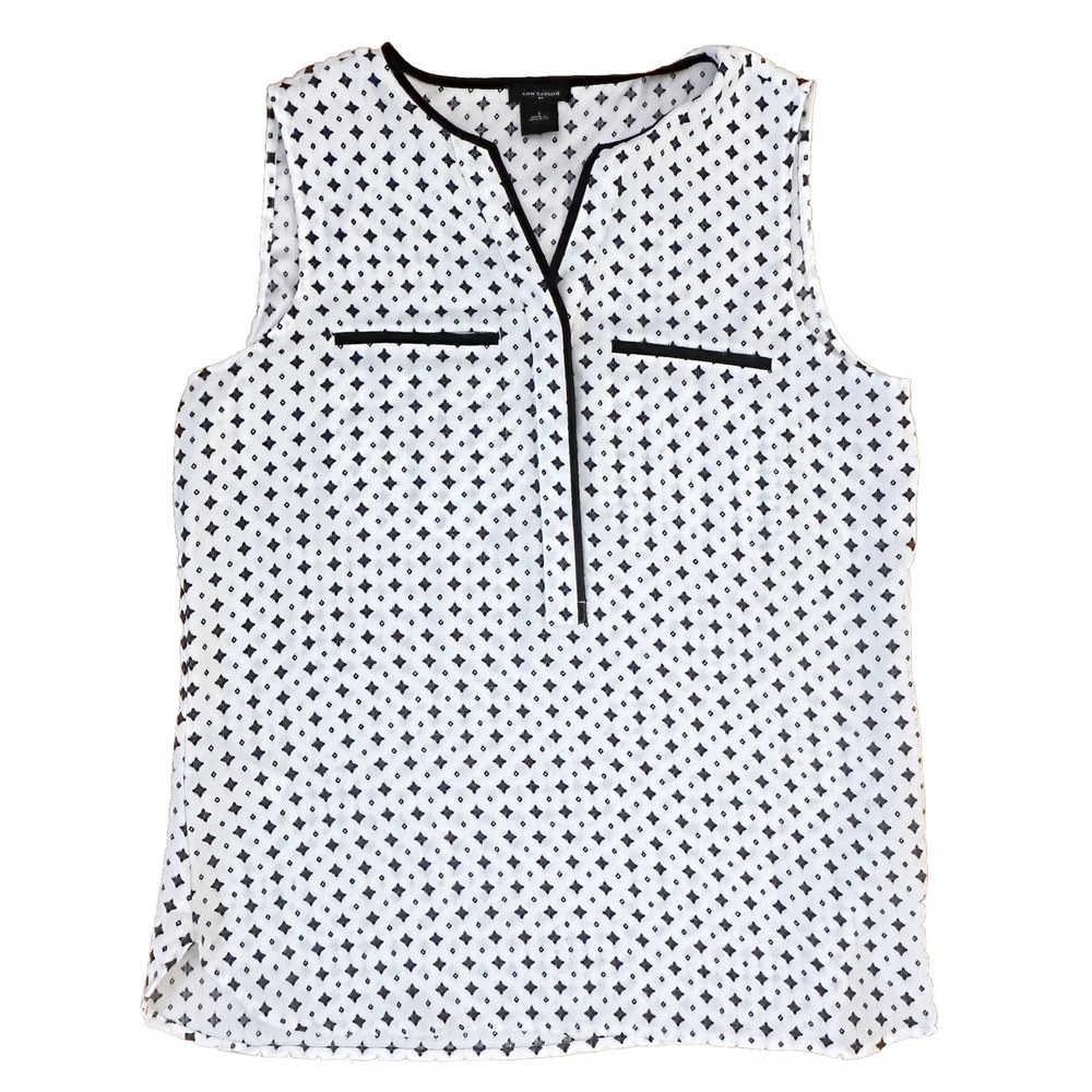 Ann Taylor Shirt Womens‎ Small Black White Diamond Split Crew Sleeveless Blouse